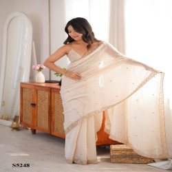 Premium Fendy Satin Saree with Beads & Pearl Embroidery Border